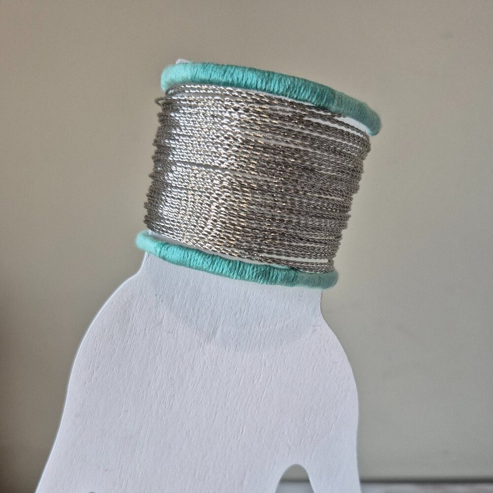 Seafoam Blue Green Thread and Silver Tone Wire Cuff Bracelet